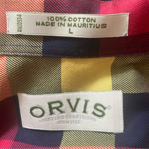 Orvis Men’s Large Plaid 100% Cotton Shirt Shades of Red Yellow Blue - Picture 3 of 5